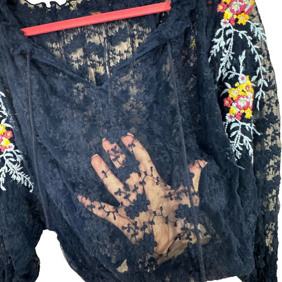 Free People Jubilee Blue Sheer Lace Embroidered Floral Boho Blouse XS - Picture 3 of 13